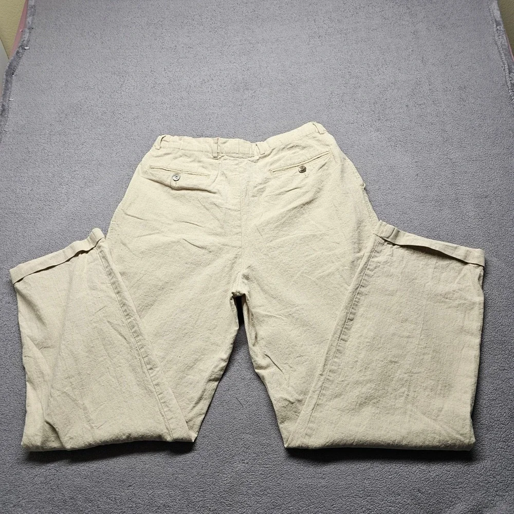 Perry Ellis Mens Beige Linen Cotton Pleated Straight Leg Trousers Size 34